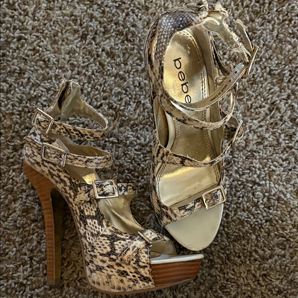 Bebe Multi-Strap Snakeskin Heels